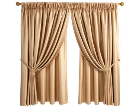 Angled View of Creamy Curtains with Valance, Luxurious Fabric Draping, isolated on transparent background PNG