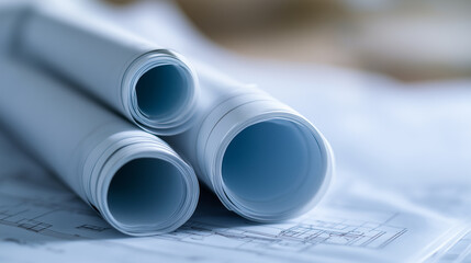 Fototapeta premium Rolled architectural blueprints resting on a construction site surface, with scaffolding and buildings visible in the background.