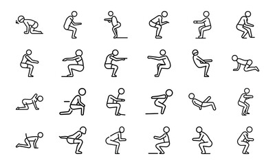 Fitness and Workout Line Icons Set Exercise, Gym Training, Weightlifting, Yoga, Martial Arts, Boxing, Running, Swimming, Sports and Healthy Lifestyle Vector Illustrations