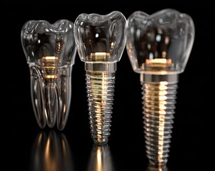 Three transparent teeth, one natural, two dental implants, on black background