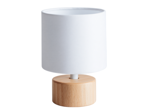 Modern minimalist white fabric shade table lamp with light wooden base, Isolated On White Background, Png Transparent