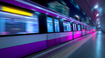 High-speed subway train in motion with glowing pink and blue lights in modern tunnel.  