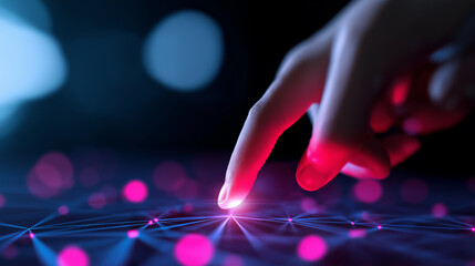 Close-up of finger touching digital network of glowing pink nodes, representing interaction and technology.