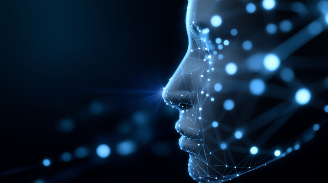 Futuristic digital face with blue glowing nodes and connections, symbolizing artificial intelligence and data networks.
