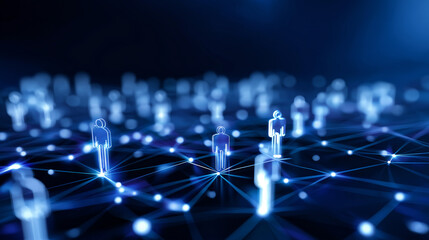 Glowing human icons connected by digital network representing virtual communication.  
