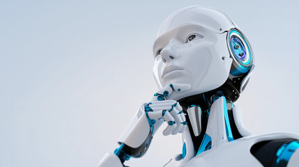 Futuristic humanoid robot thinking with hand on chin in contemplative pose.  
