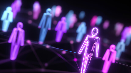 Glowing digital figures connected by lines representing a virtual social network.  
