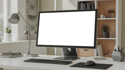 Fototapeta premium A computer with a blank white screen sits on a desk with a lamp and other office supplies nearby