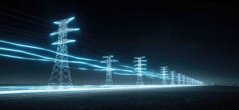 Power lines at night, illuminated by streaks of light - Powered by Adobe