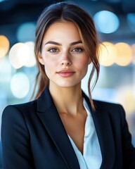 Obraz premium A female executive in a dark suit, strong gaze, blurred corporate background, professional and elegant portrait