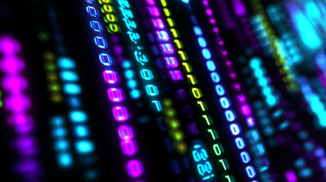 Colorful binary code lines on black screen representing futuristic digital data flow.  
