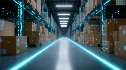 Smart warehouse interior with stacked boxes and glowing lines representing automation.  
