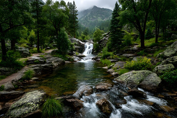 A waterfall cascading over rocks in a lush forest, freshness, and natural energy