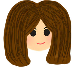 Cute cartoon illustration of a girl with long brown hair, round face, and smiling expression, isolated on white background in kawaii or chibi style