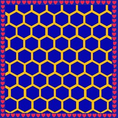 seamless hexagon pattern on blue background. Arrangement of heart symbol 
