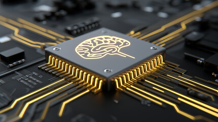 Golden AI microchip with brain symbol on black motherboard representing artificial intelligence.  
