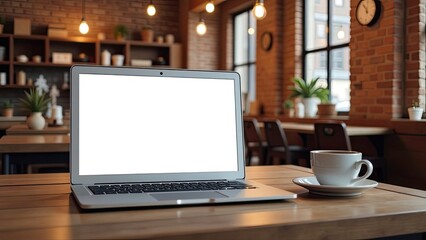 Fototapeta premium Laptop with a white screen mock up in loft-style cafes background with cup of coffee on table. Remote work, internet, shopping.