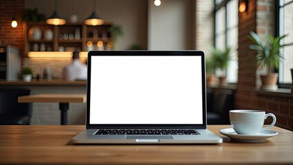 Fototapeta premium Laptop with a white screen mock up in loft-style cafes background with cup of coffee on table. Remote work, internet, shopping.