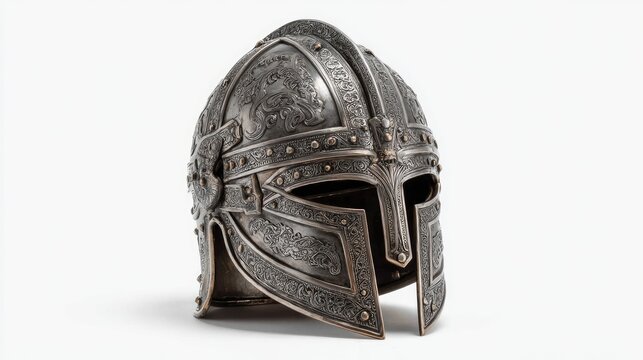 Ornate metal helmet, angled view
