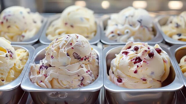 Scoops of creamy white ice cream with red berry swirls in metal containers