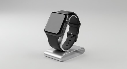 Mockup black smartwatch on a silver stand, isolated on white background commercial usage