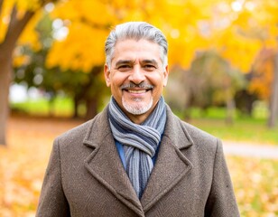 A handsome, smiling senior man enjoying a walk in the autumn park