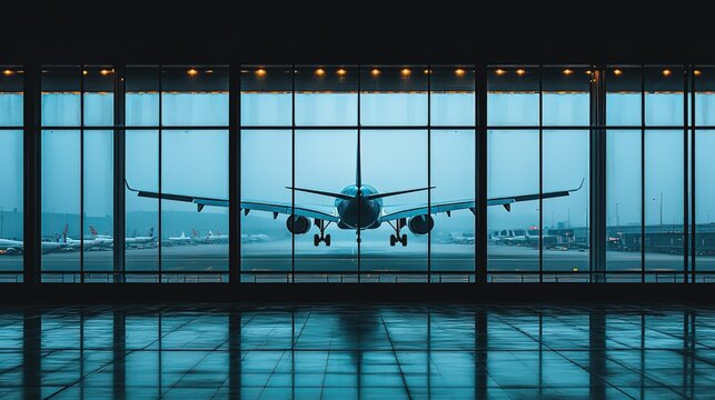 Airplane Viewed Through Large Airport Terminal Windows at Dusk