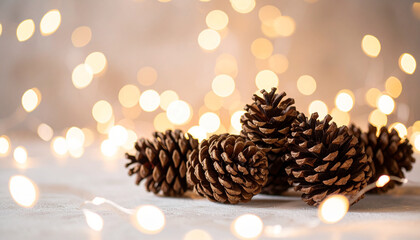 Natural pine cones displayed in cozy still life surrounded by warm glowing bokeh lights for holiday decoration