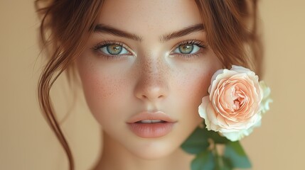 Close - up Portrait of a Woman with Freckles, Green Eyes and a Blush - Colored Rose 