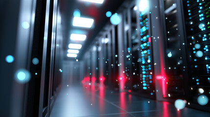 Modern data center corridor with blinking servers and glowing digital particles.  
