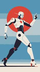 Obraz premium A humanoid robot strides purposefully, combining sleek white and black elements with striking red accents. Set against a bold red circle and soft blue stripes, this artwork captures a blend of technol