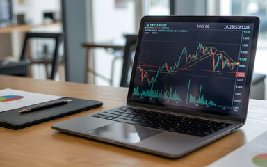 Laptop displaying stock market data with pen and charts on a wooden office desk surface
