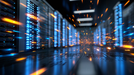 High-tech server room with glowing blue racks and dynamic data motion effects.
