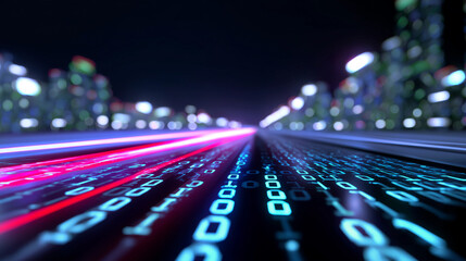 Futuristic digital background with glowing binary code in perspective.
