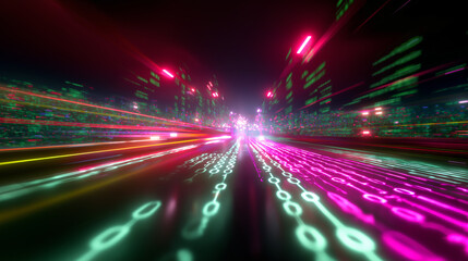 Futuristic digital background with glowing binary code in perspective.
