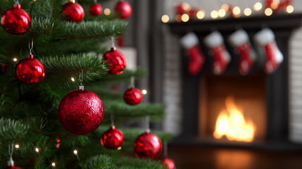 Decorated Christmas tree with red ornaments in front of a cozy fireplace.
