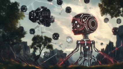 A central artificial intelligence orchestrates a swarm of robotic drones, forming a complex digital consciousness and neural network over a serene, forested landscape