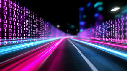 Futuristic digital background with glowing binary code in perspective.
