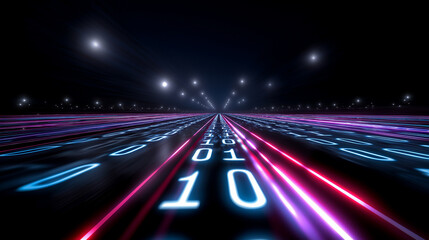 Futuristic digital background with glowing binary code in perspective.
