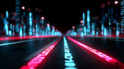Futuristic digital background with glowing binary code in perspective.
