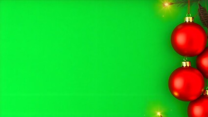 Shiny Red Ornaments in Corner over Glowing Green Background with Large Blank Copy Space for Holiday Design