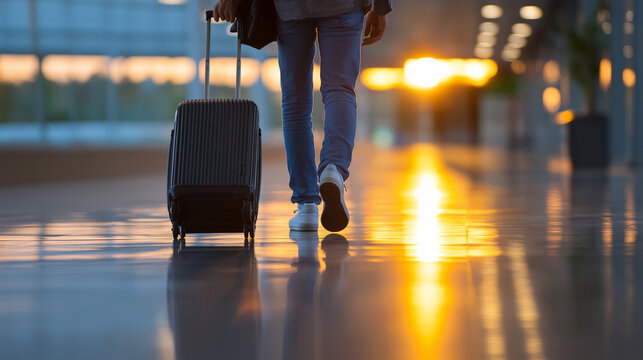 Traveler pulling a suitcase inside an airport terminal with blurred lights in the background.
 - Powered by Adobe