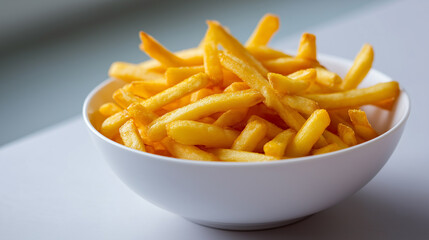 A white ceramic bowl filled with golden crispy French fries, isolated on a light background, representing fast food and snack culture.