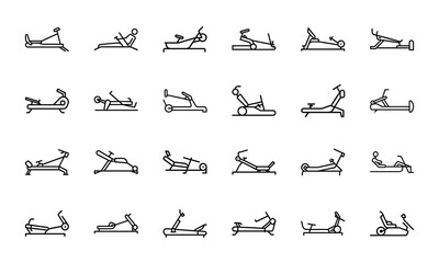 Fitness and Workout Line Icons Set Exercise, Gym Training, Weightlifting, Yoga, Martial Arts, Boxing, Running, Swimming, Sports and Healthy Lifestyle Vector Illustrations