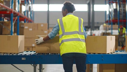 Worker sorts boxes on conveyor