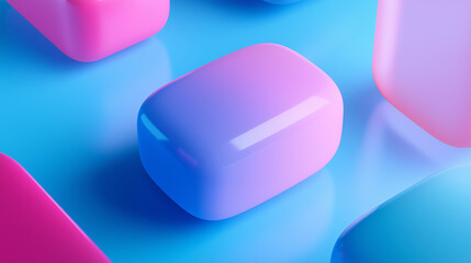Colorful 3D abstract blocks in pastel pink, blue, and purple tones with smooth glossy surfaces.
