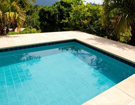 Tropical Poolside View Calm Water, Stone Deck
