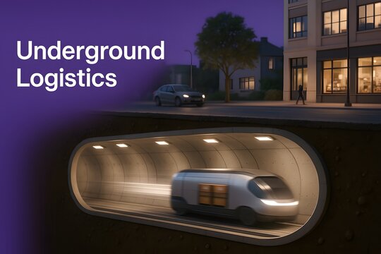 Futuristic hyperloop cargo transport system in a glowing tunnel for logistics and future shipping,
