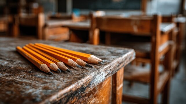Pencils on a weathered classroom table