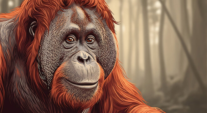 A close-up portrait of an orangutan with reddish-brown fur, looking directly at the viewer, set against a blurred forest background.